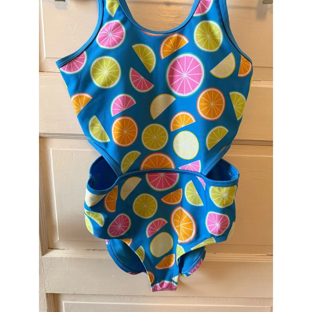 DSG Kids Girls Blue Citrus‎ Fruit Cutout One Piece Swimsuit Size L